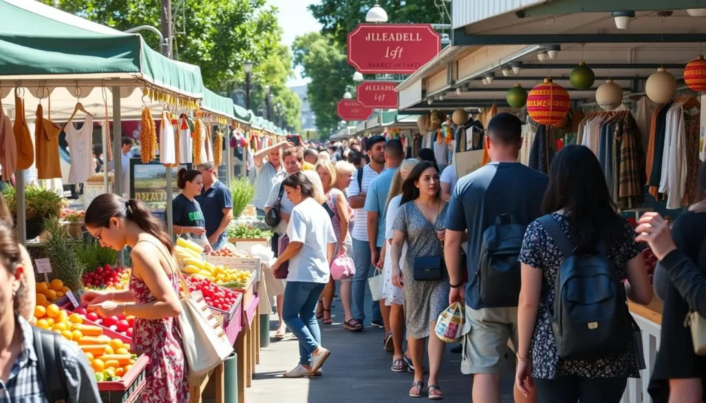 Gleadell Street Market in Richmond Victoria showing diverse shoppers browsing local produce stalls Gleadell Street Market in Richmond Victoria showing diverse shoppers browsing local produce stalls