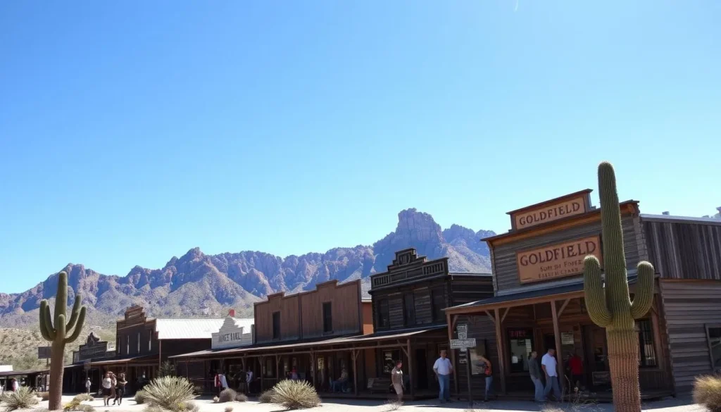 Goldfield Ghost Town with historic buildings and the Superstition Mountains in the background