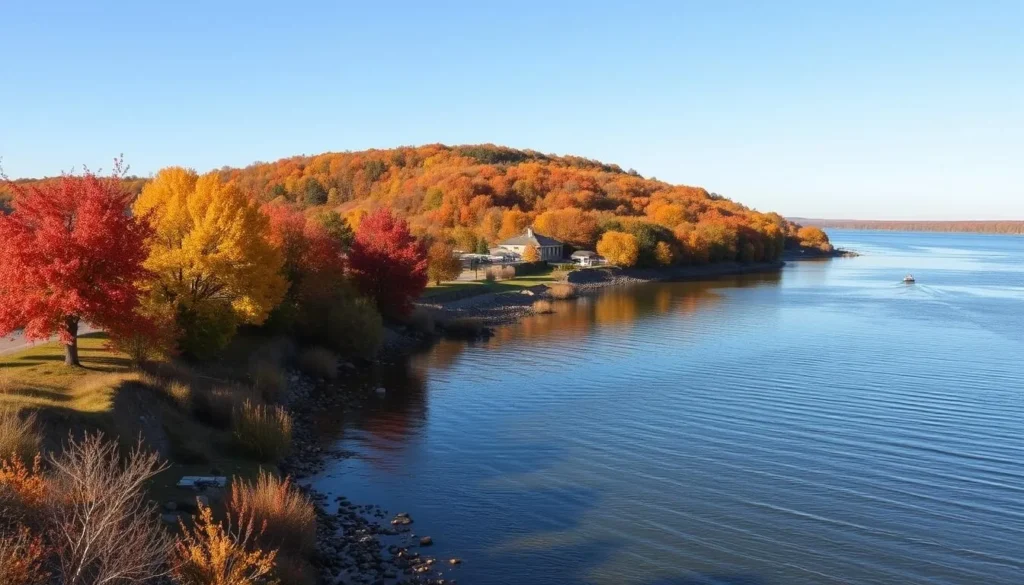Goose Island in autumn with colorful fall foliage along the Mississippi River Goose Island in autumn with colorful fall foliage along the Mississippi River