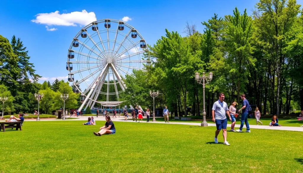 Gorky Park in Minsk with its Ferris wheel and green spaces where families are enjoying recreational activities