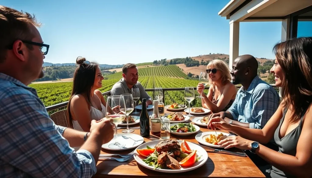 Gourmet food and wine experience at a Dunsborough winery restaurant with tourists enjoying outdoor dining Gourmet food and wine experience at a Dunsborough winery restaurant with tourists enjoying outdoor dining