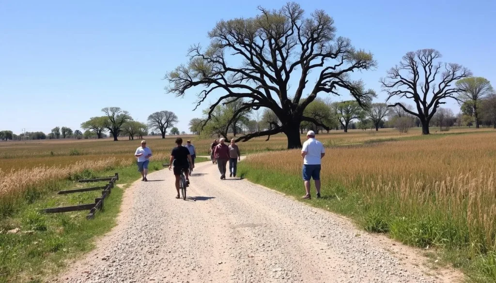 Gravel trail winding through Middlefork Savanna with cyclists and hikers enjoying the path