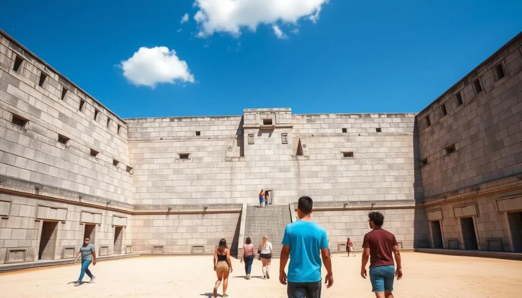 Great Ball Court at Chichen Itza showing the massive playing field and stone hoops