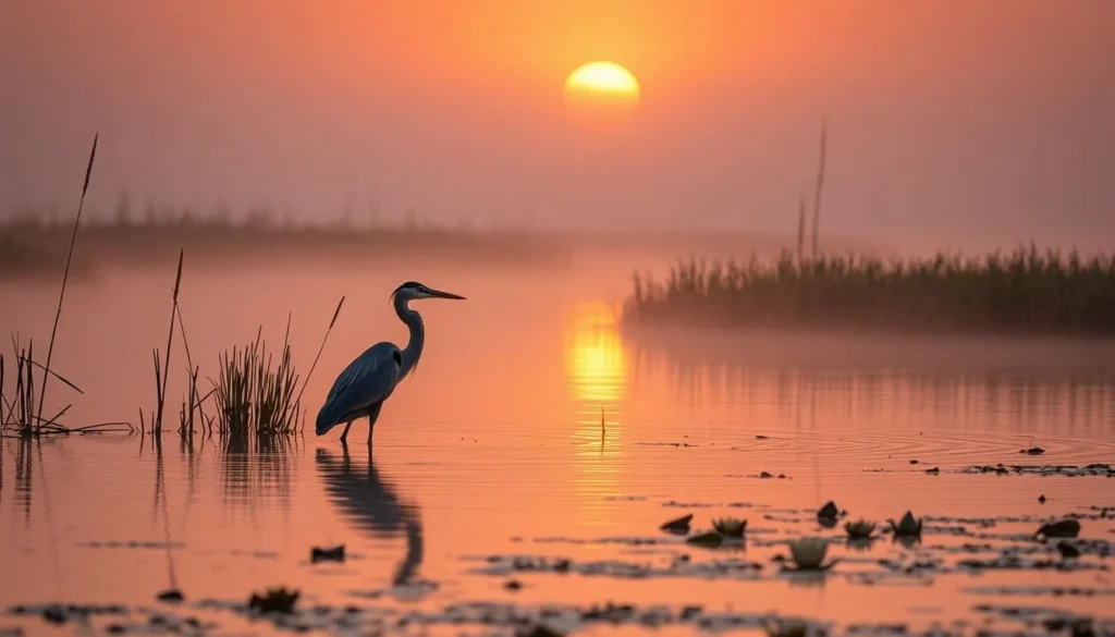 Great blue heron hunting at Horseshoe Lake State Park Illinois at sunrise Great blue heron hunting at Horseshoe Lake State Park Illinois at sunrise