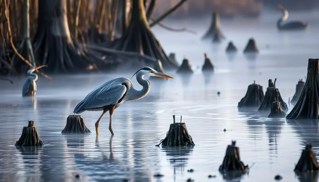 Great blue heron hunting in shallow waters at Mermet Lake