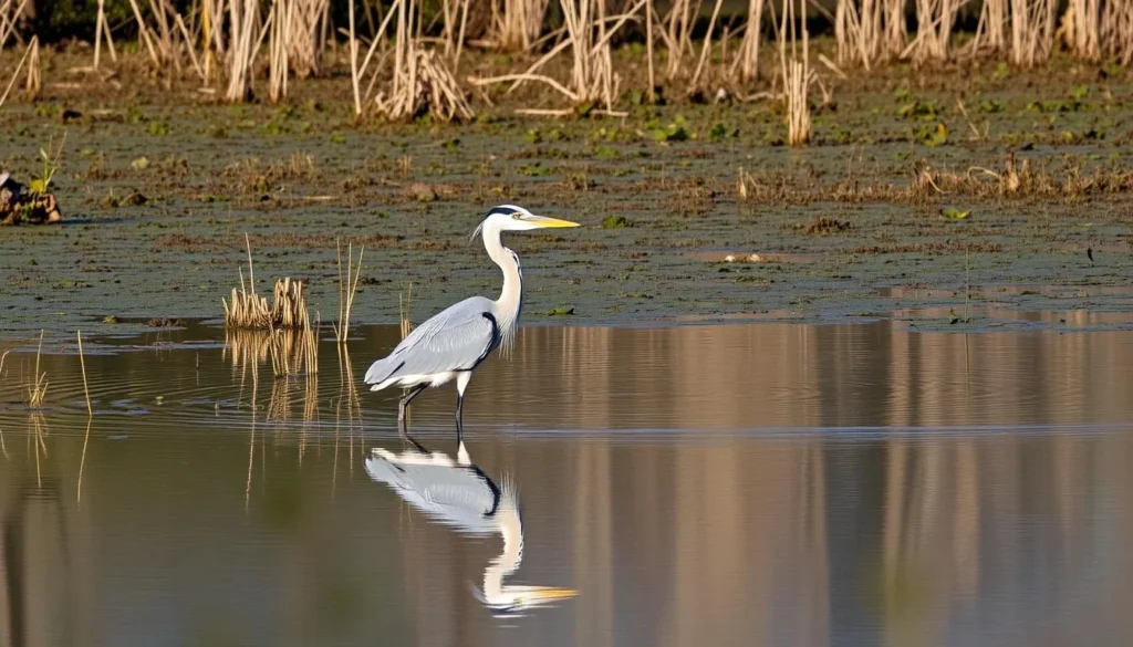 Great blue heron wading in the shallow waters of Franks Tract with wetland vegetation in background Great blue heron wading in the shallow waters of Franks Tract with wetland vegetation in background