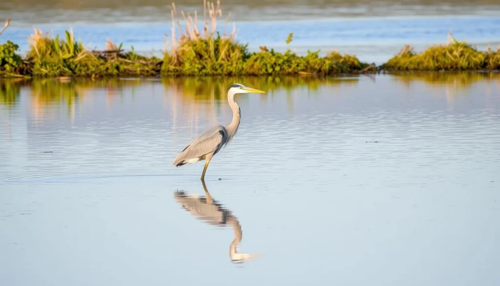 Great blue heron wading in the shallows of Memorial Lake State Park Great blue heron wading in the shallows of Memorial Lake State Park