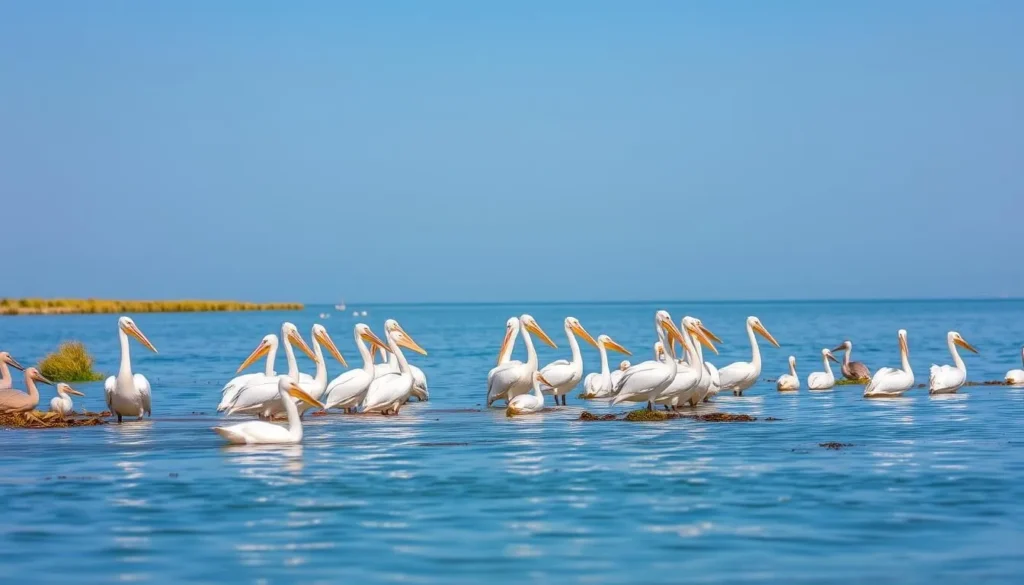 Great white pelicans and other birds on Lake Ziway during the dry season