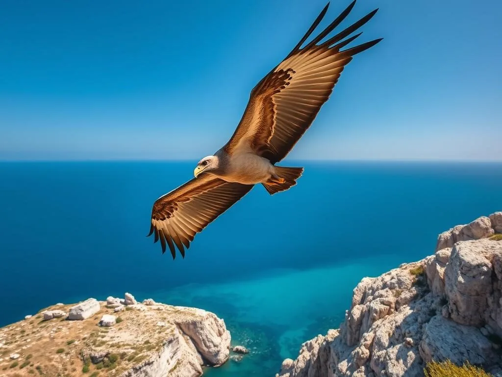 Griffon vulture soaring above the cliffs near Beli village Griffon vulture soaring above the cliffs near Beli village