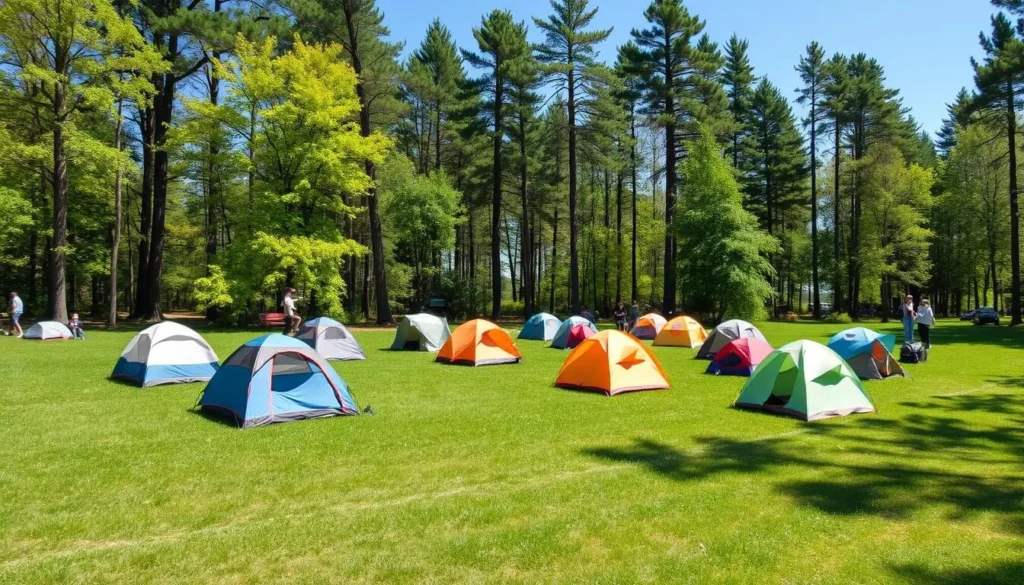 Group camping area at Evansburg State Park Pennsylvania with tents set up in a clearing surrounded by trees