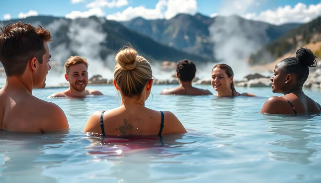 Group of diverse friends enjoying Crab Cooker Hot Springs Group of diverse friends enjoying Crab Cooker Hot Springs