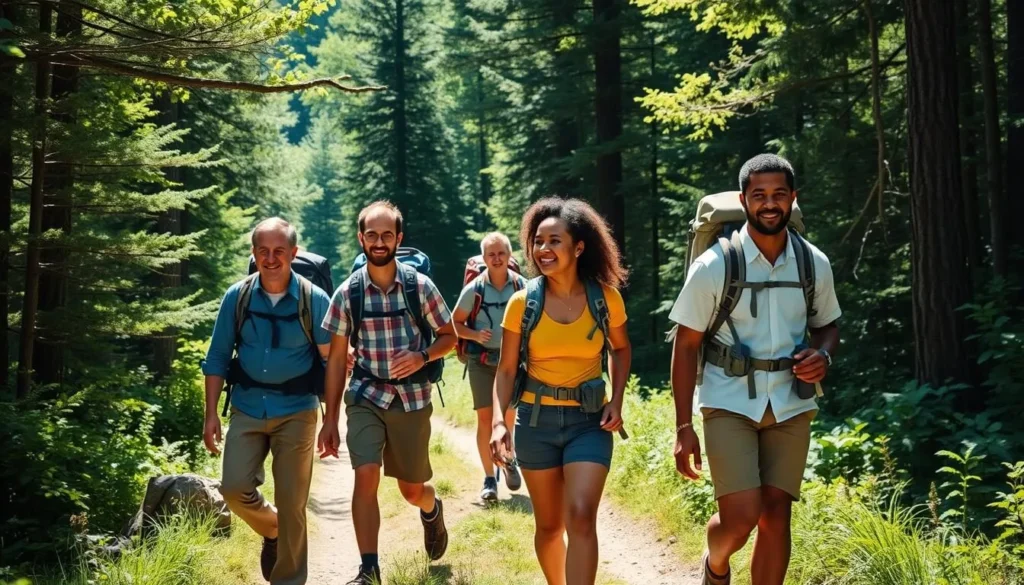 Group of diverse hikers on an Appalachian Trail in Pennsylvania surrounded by forest