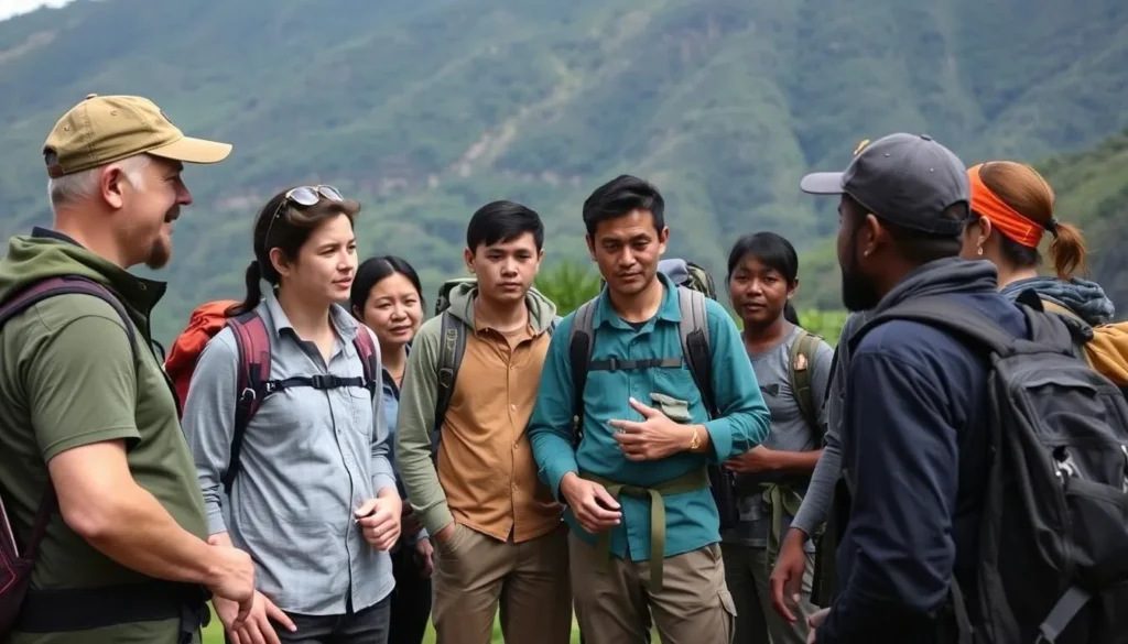 Guide briefing diverse travelers about safety and etiquette before a hike in the Kanuku Mountains Guide briefing diverse travelers about safety and etiquette before a hike in the Kanuku Mountains