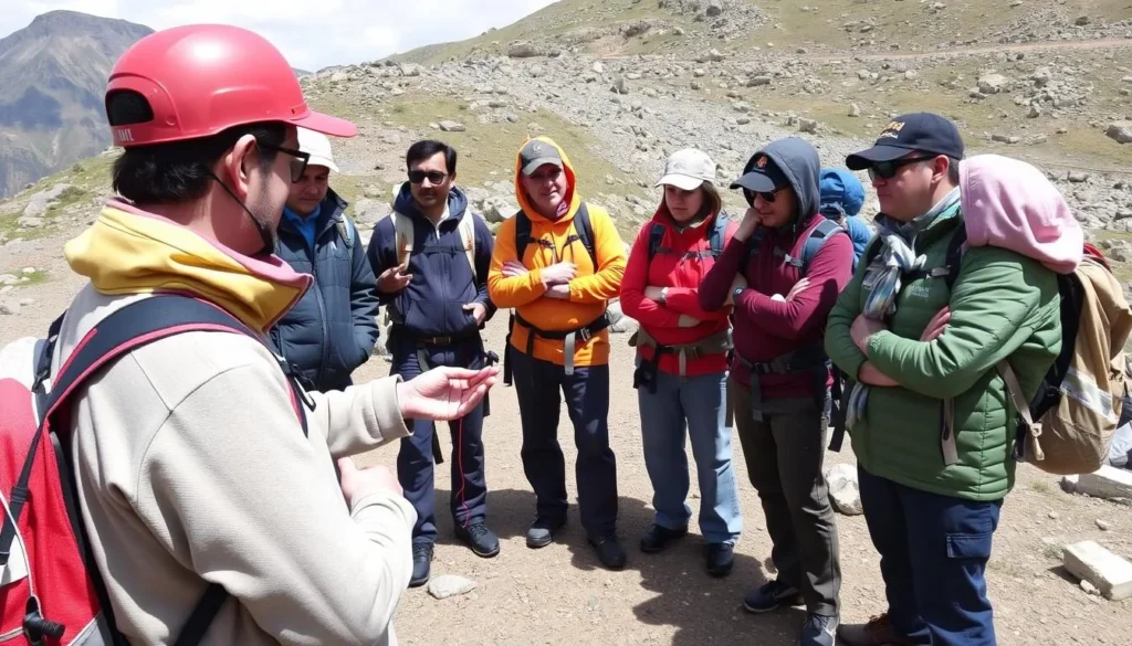 Guide briefing trekkers about safety procedures before starting the Mount Luigi di Savoia trek Guide briefing trekkers about safety procedures before starting the Mount Luigi di Savoia trek