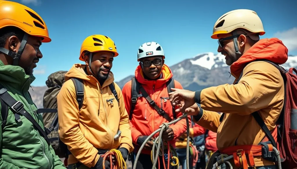 Guide demonstrating proper rope techniques to trekkers on Mount Stanley