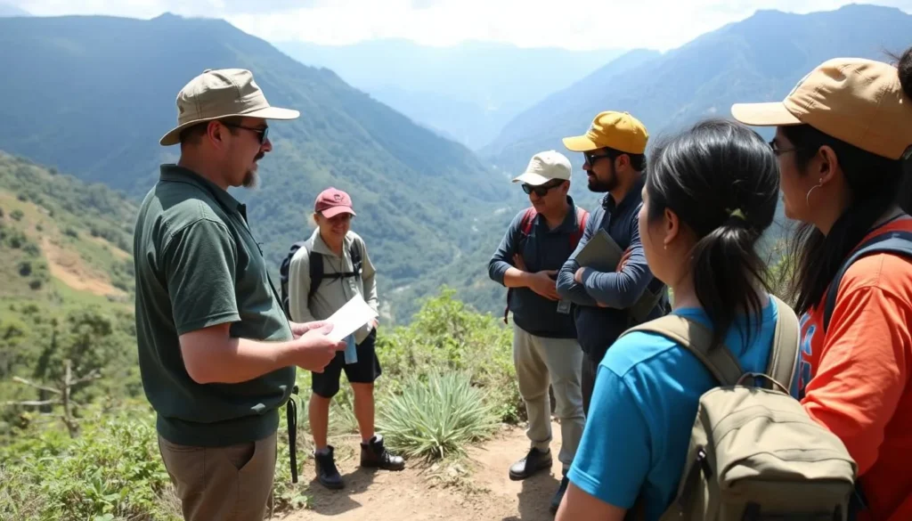 Guide explaining safety procedures to tourists before a trek in the Acarai Mountains