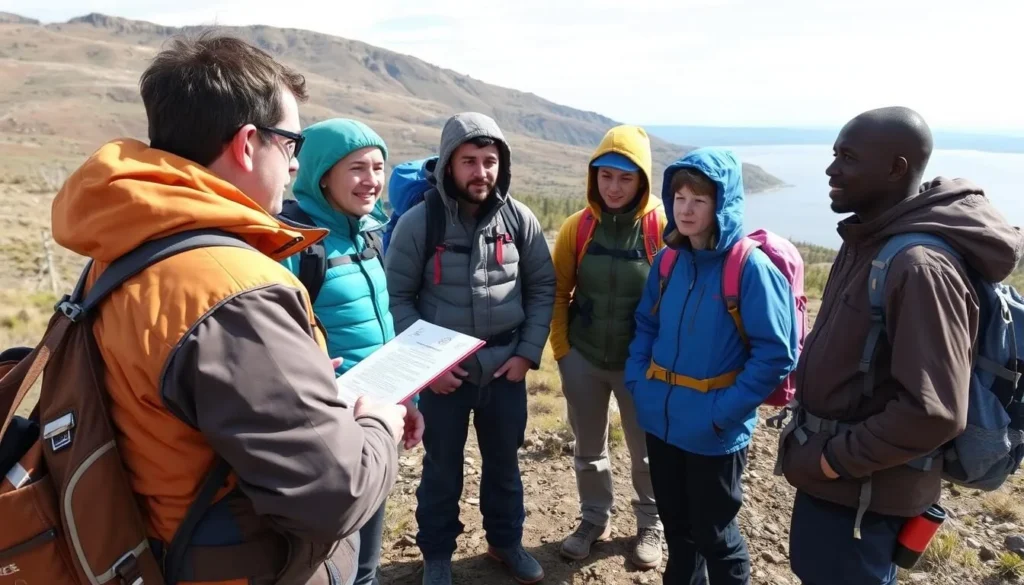 Guide explaining safety protocols to tourists before a hike near Lake Verkhne-Olkhonskoye Guide explaining safety protocols to tourists before a hike near Lake Verkhne-Olkhonskoye