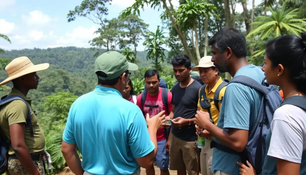 Guide explaining safety protocols to tourists before a rainforest hike at Iwokrama Guide explaining safety protocols to tourists before a rainforest hike at Iwokrama