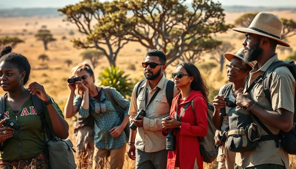 Guided walking safari in Geraille National Park with diverse tourists observing the landscape