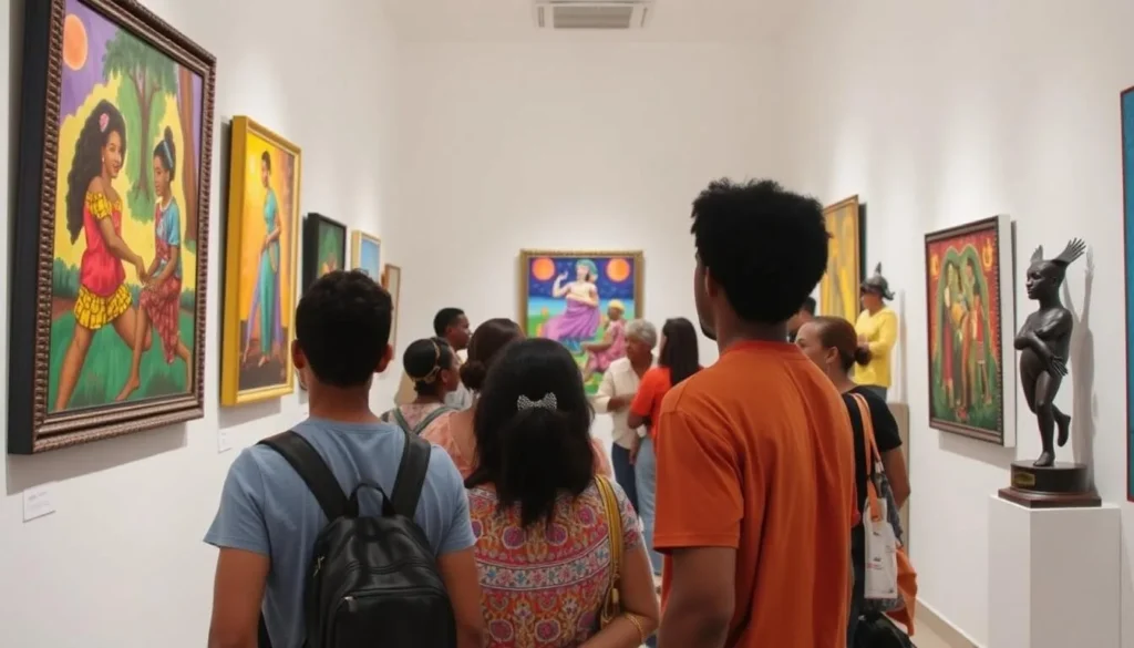 Haitian art gallery showing colorful paintings and sculptures