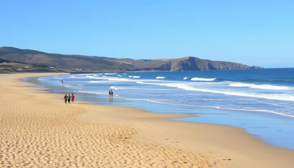 Half Moon Bay State Beach coastline near Burleigh H. Murray Ranch with visitors enjoying the beach