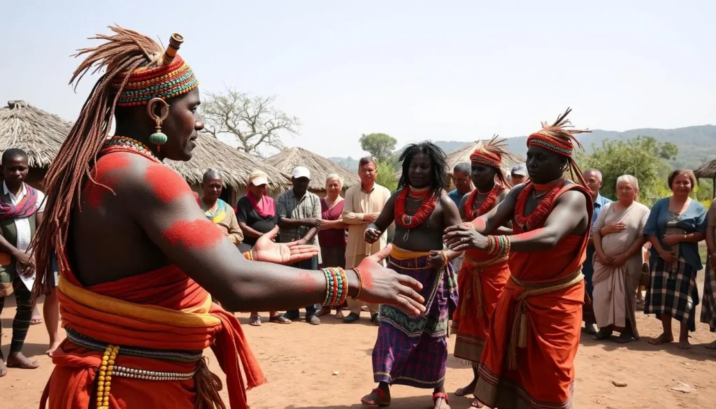 Hamar tribe members performing a traditional dance ceremony with diverse tourists observing respectfully