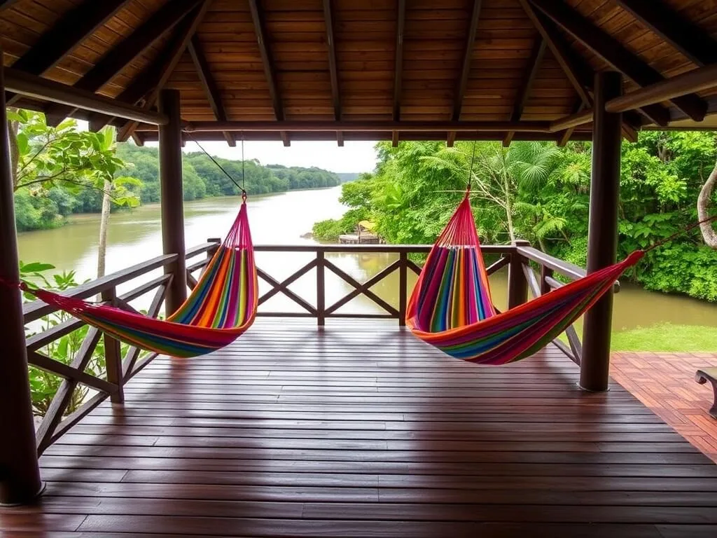 Hammock area on a deck overlooking the Essequibo River at Sloth Island Nature Resort