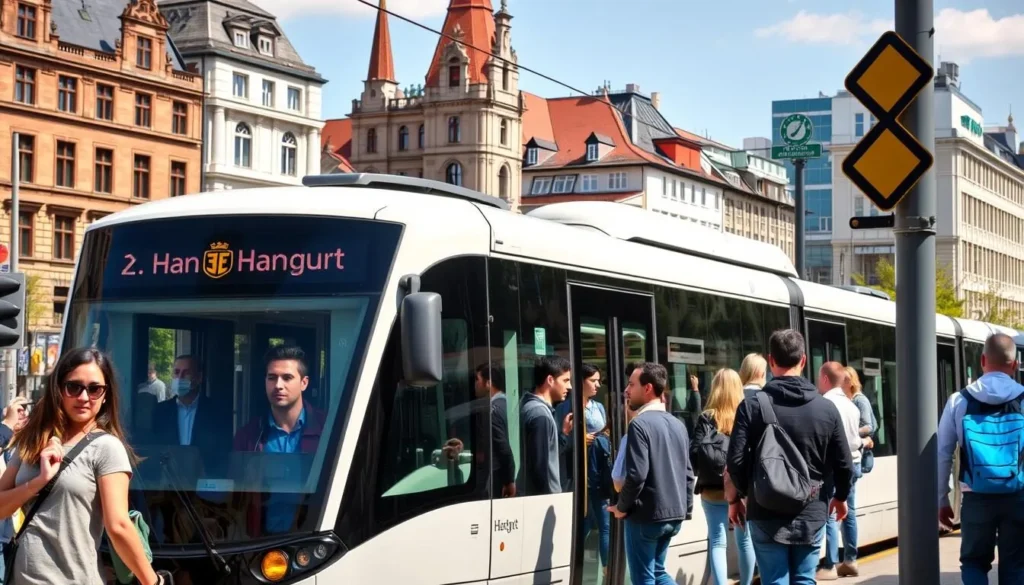 Hannover's modern tram system passing through the city center with passengers boarding