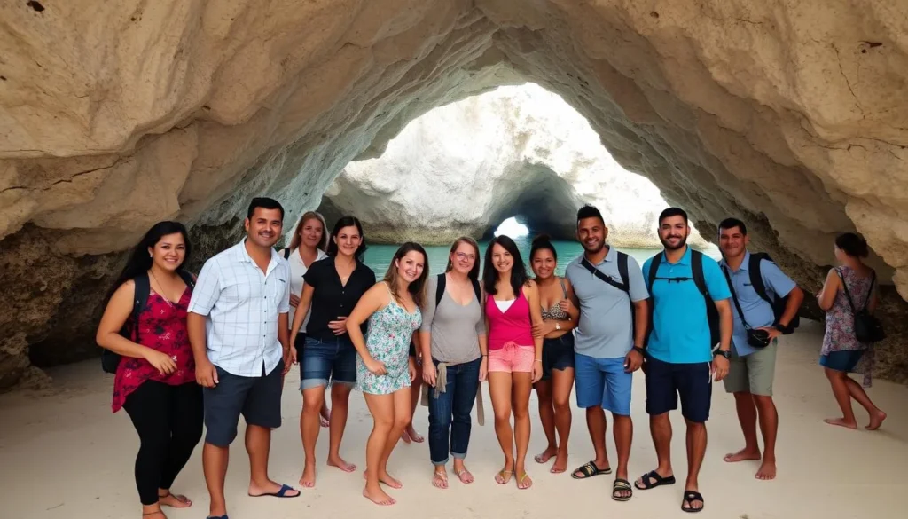Happy diverse tourists posing for a photo at Hidden Beach after swimming through the tunnel Happy diverse tourists posing for a photo at Hidden Beach after swimming through the tunnel