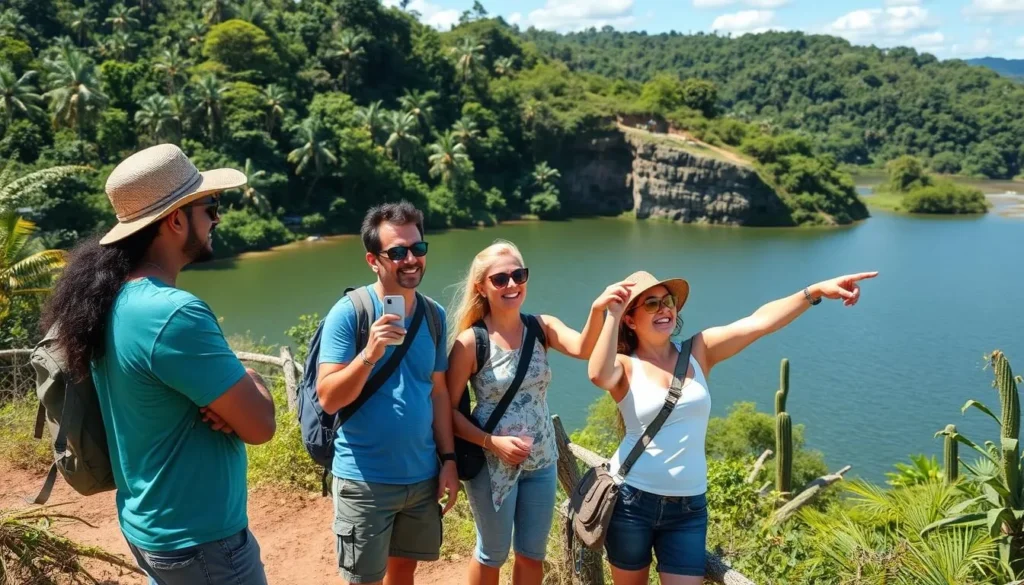 Happy tourists enjoying scenic views in Mahaica Lakes Region