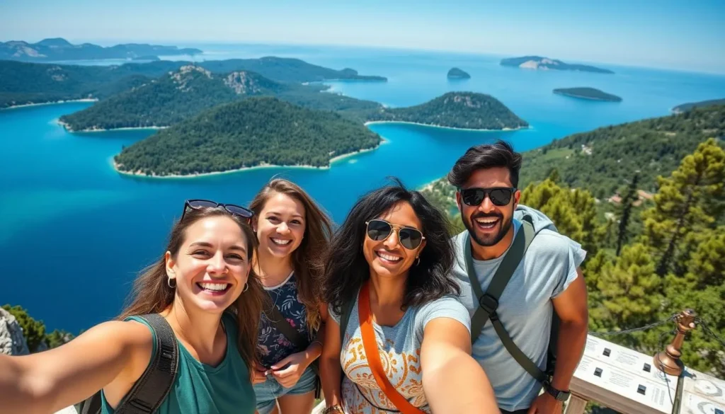 Happy tourists enjoying the view from a viewpoint overlooking Mljet's saltwater lakes Happy tourists enjoying the view from a viewpoint overlooking Mljet's saltwater lakes