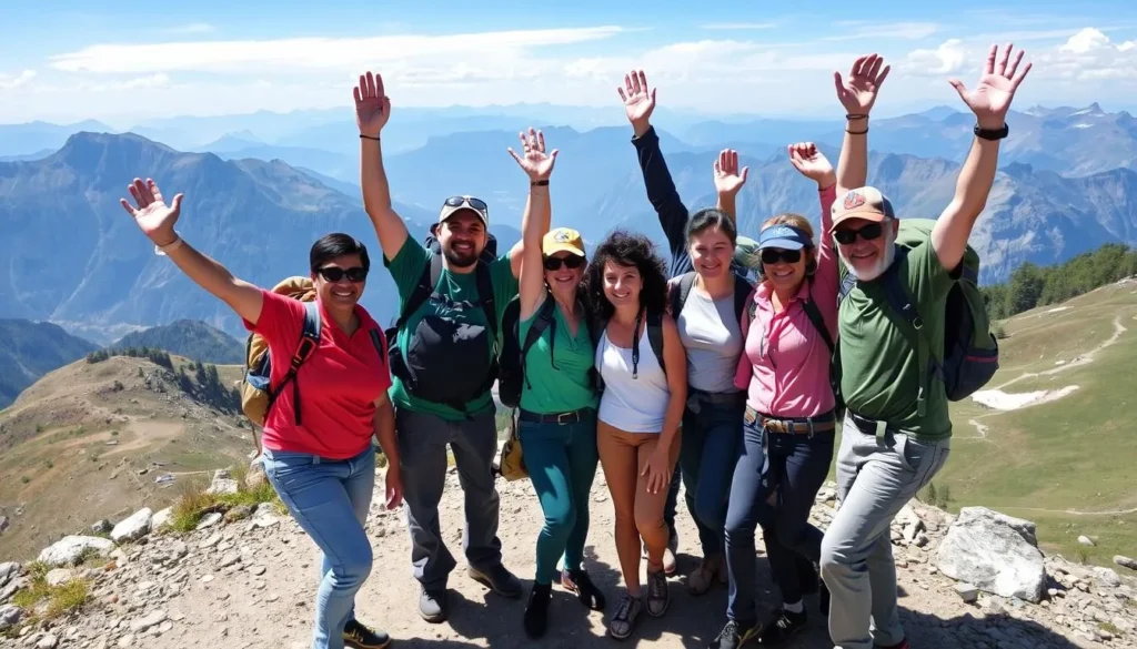Happy trekkers celebrating at a viewpoint on Mount Luigi di Savoia Happy trekkers celebrating at a viewpoint on Mount Luigi di Savoia