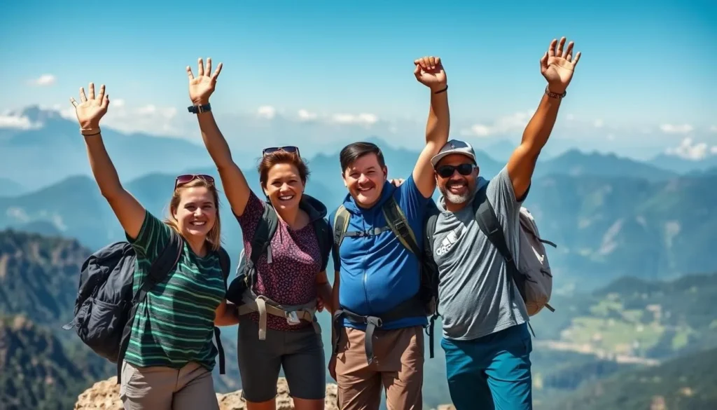 Happy trekkers celebrating at a viewpoint overlooking the dramatic landscapes of Rwenzori Mountains National Park