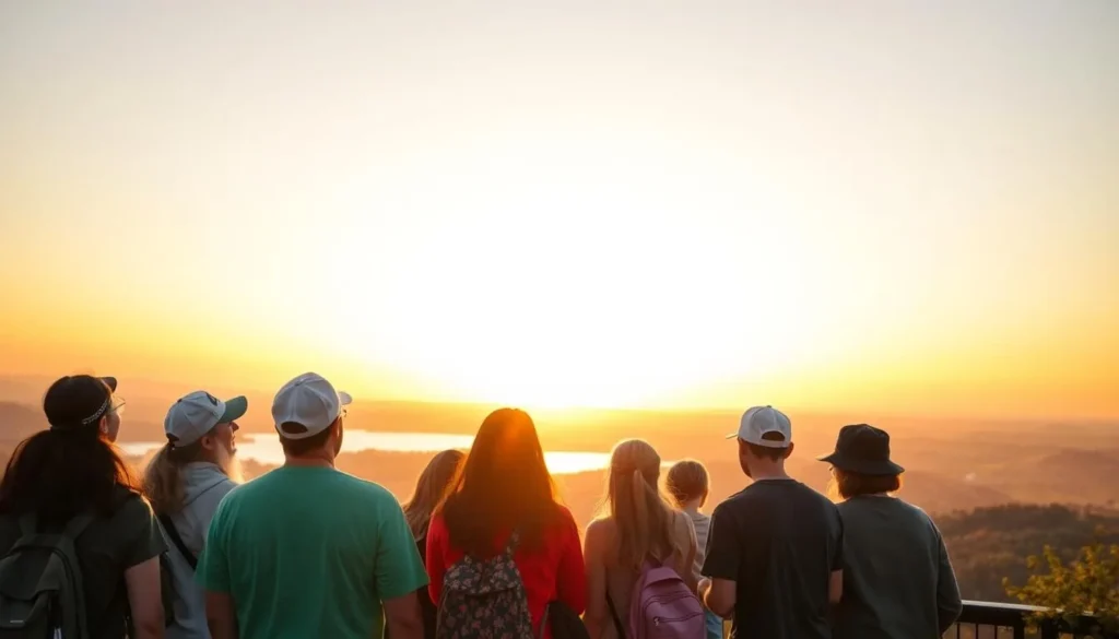 Happy visitors enjoying sunset at Foster Lake viewpoint Happy visitors enjoying sunset at Foster Lake viewpoint