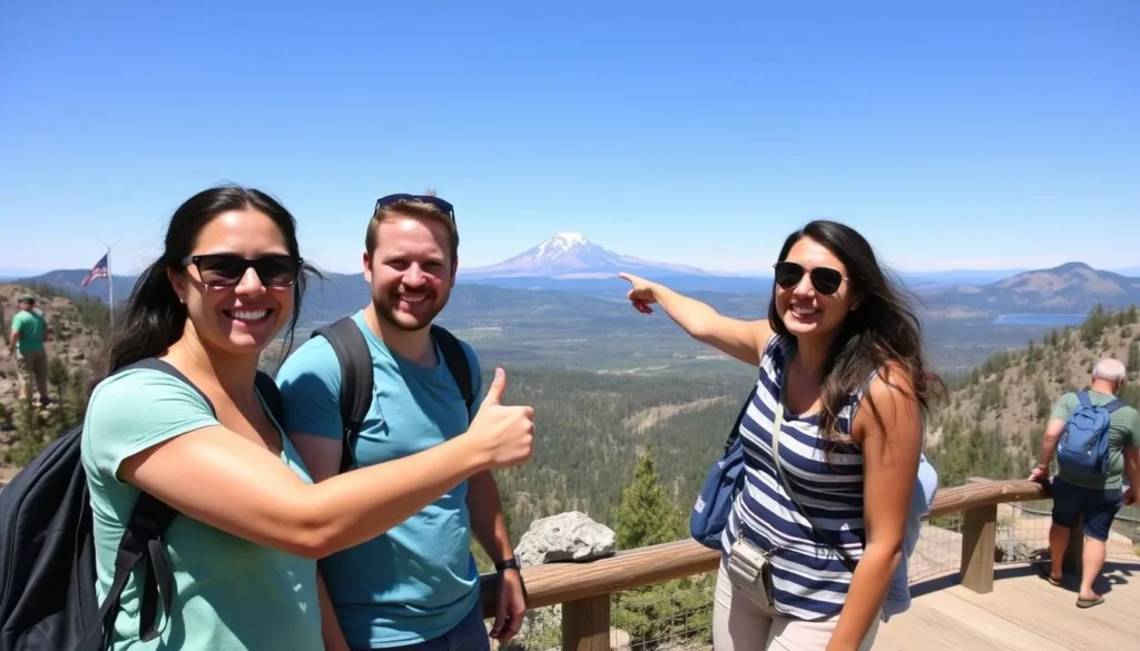 Happy visitors enjoying the view of Mount Lassen California things to do from a scenic overlook Happy visitors enjoying the view of Mount Lassen California things to do from a scenic overlook