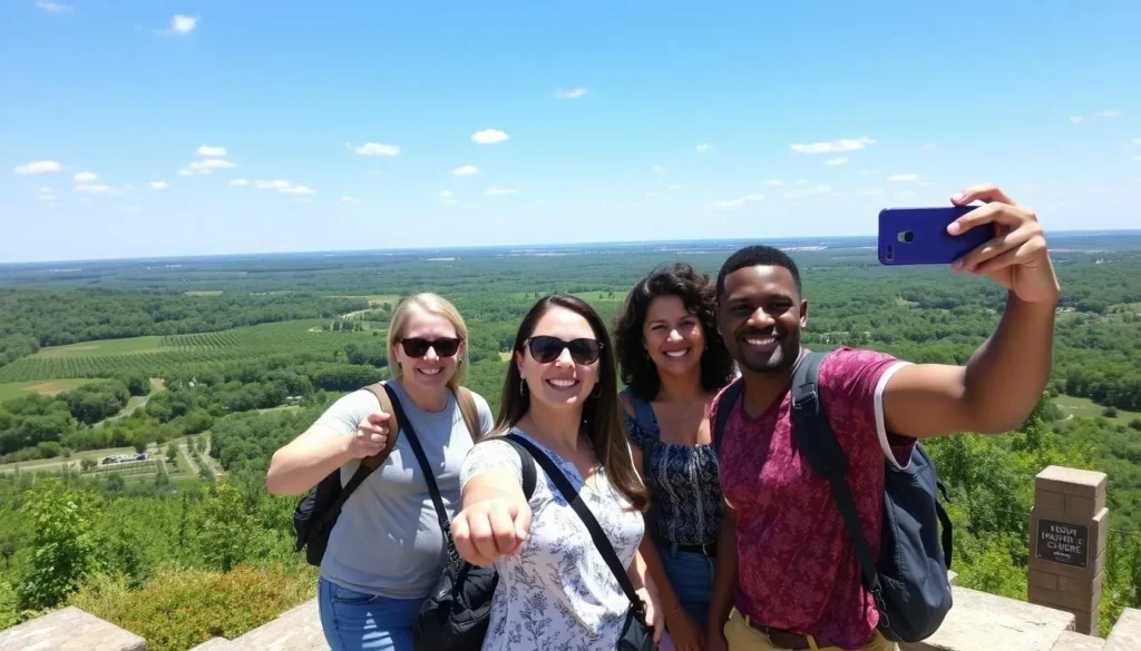 Happy visitors taking photos at a scenic overlook in Hickory Ridge Happy visitors taking photos at a scenic overlook in Hickory Ridge