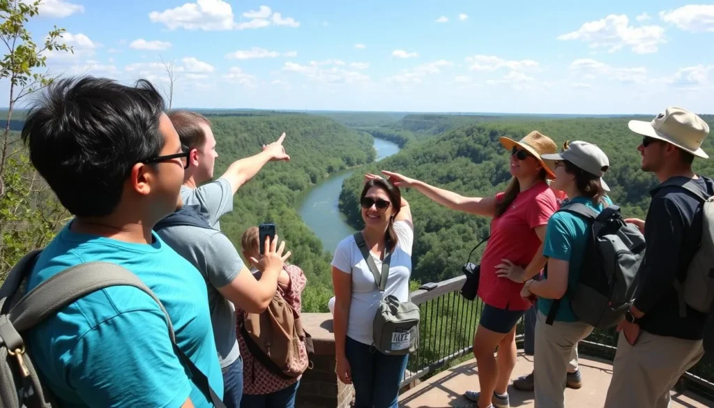 Happy visitors taking photos at a scenic overlook in Middle Fork State Park with river view in background Happy visitors taking photos at a scenic overlook in Middle Fork State Park with river view in background