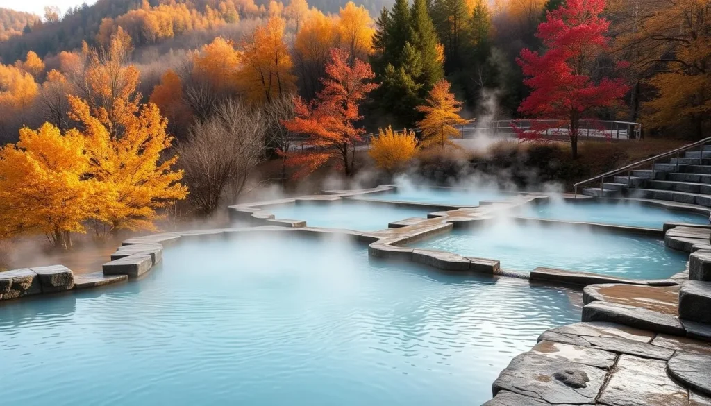 Harbin Hot Springs California pools steaming in the early morning light with autumn foliage surrounding the area Harbin Hot Springs California pools steaming in the early morning light with autumn foliage surrounding the area