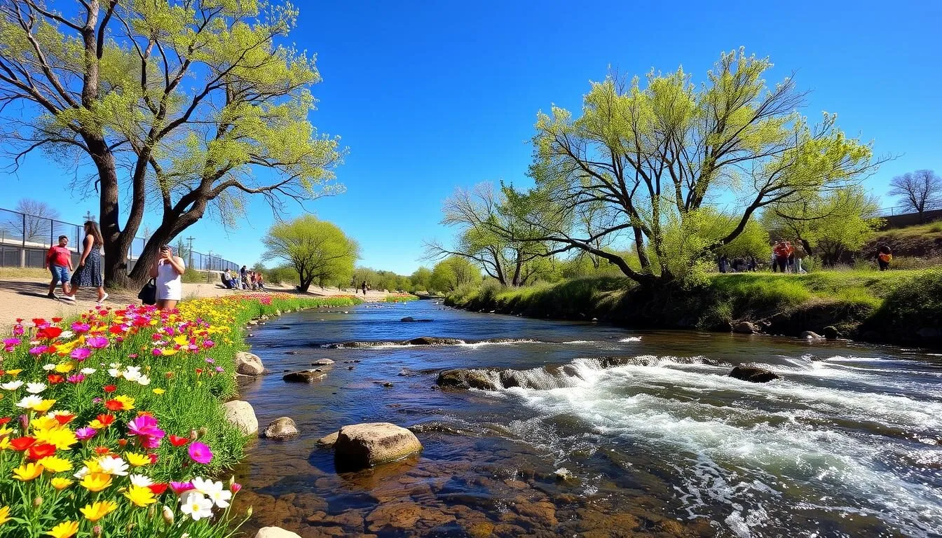 Hassayampa River Preserve in spring with wildflowers blooming along the riverbank