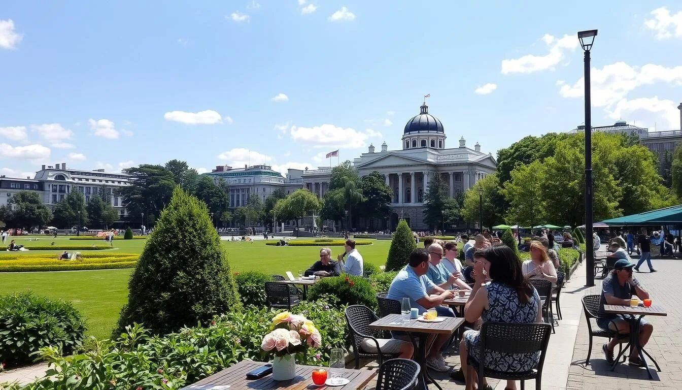 Helsinki's Esplanade Park in summer with people enjoying outdoor cafes and green spaces