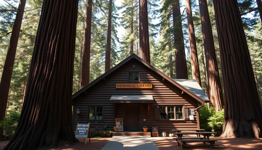 Henry Miller Memorial Library surrounded by redwoods in Big Sur featuring rustic wooden building with outdoor gathering space Henry Miller Memorial Library surrounded by redwoods in Big Sur featuring rustic wooden building with outdoor gathering space
