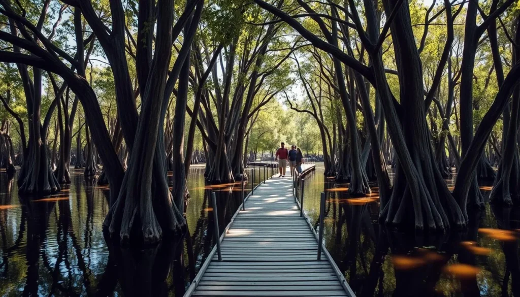 Heron Pond boardwalk at Cache River Nature Preserve Illinois with ancient cypress trees
