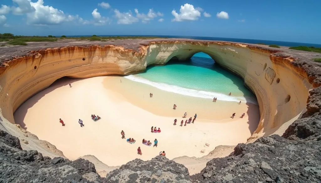 Hidden Beach (Playa del Amor) at Islas Marietas National Park with tourists enjoying the secluded beach Hidden Beach (Playa del Amor) at Islas Marietas National Park with tourists enjoying the secluded beach