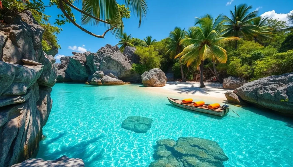 Hidden beach cove on Balut Island with crystal clear waters and white sand