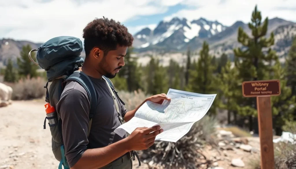 Hiker checking a map and planning their route at Whitney Portal Hiker checking a map and planning their route at Whitney Portal