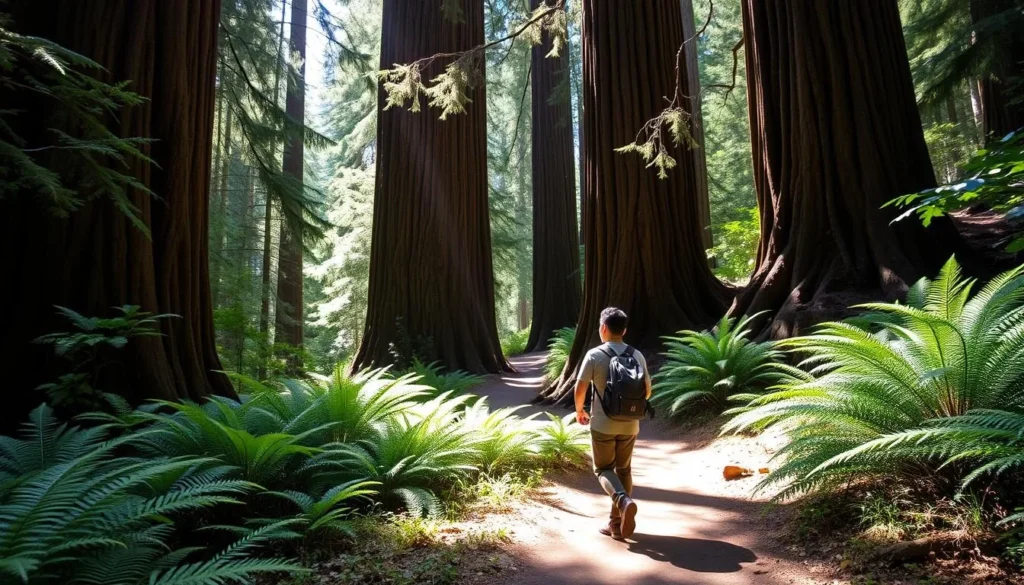 Hiker exploring a trail through John B. Dewitt Redwoods State Natural Reserve Hiker exploring a trail through John B. Dewitt Redwoods State Natural Reserve