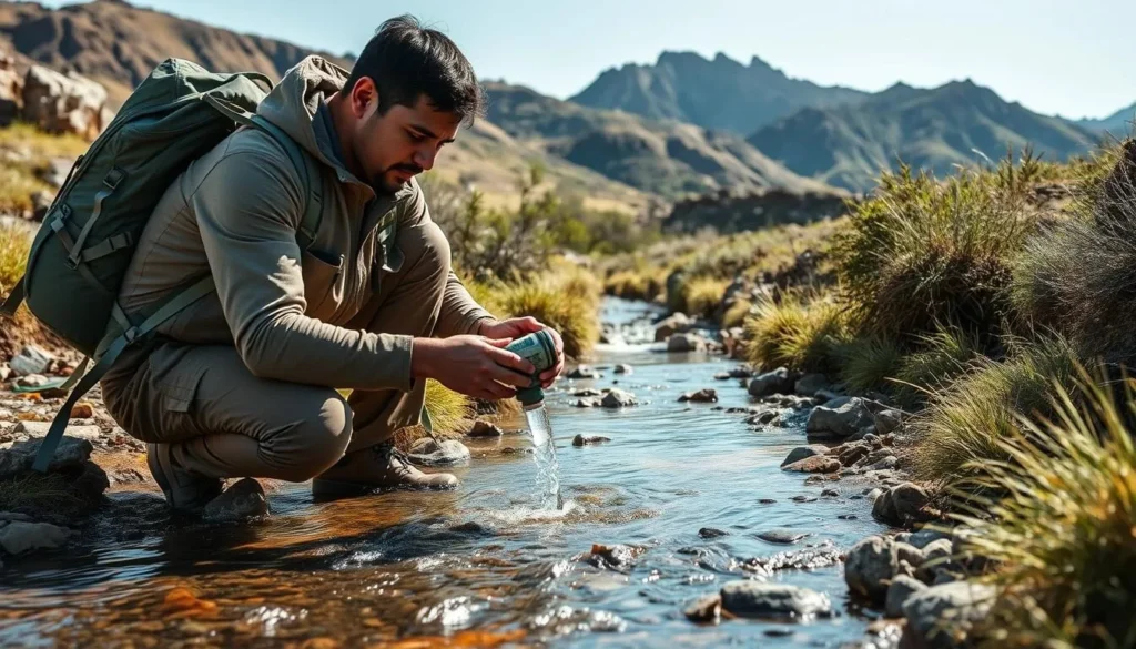Hiker filtering water from a stream in the Galiuro Mountains using a portable water filter Hiker filtering water from a stream in the Galiuro Mountains using a portable water filter