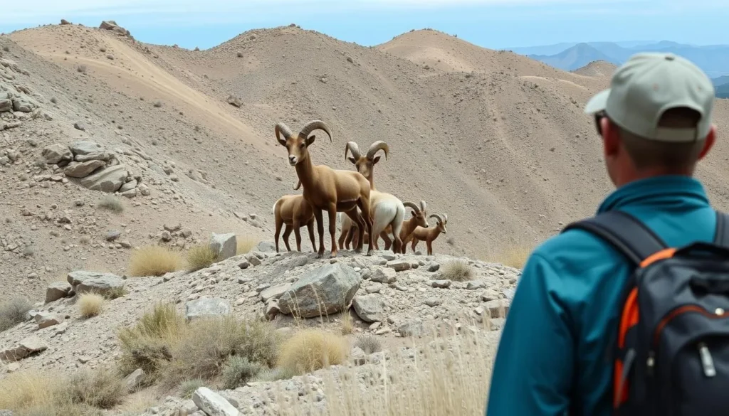 Hiker observing desert bighorn sheep in their natural habitat in Kofa Mountains Hiker observing desert bighorn sheep in their natural habitat in Kofa Mountains
