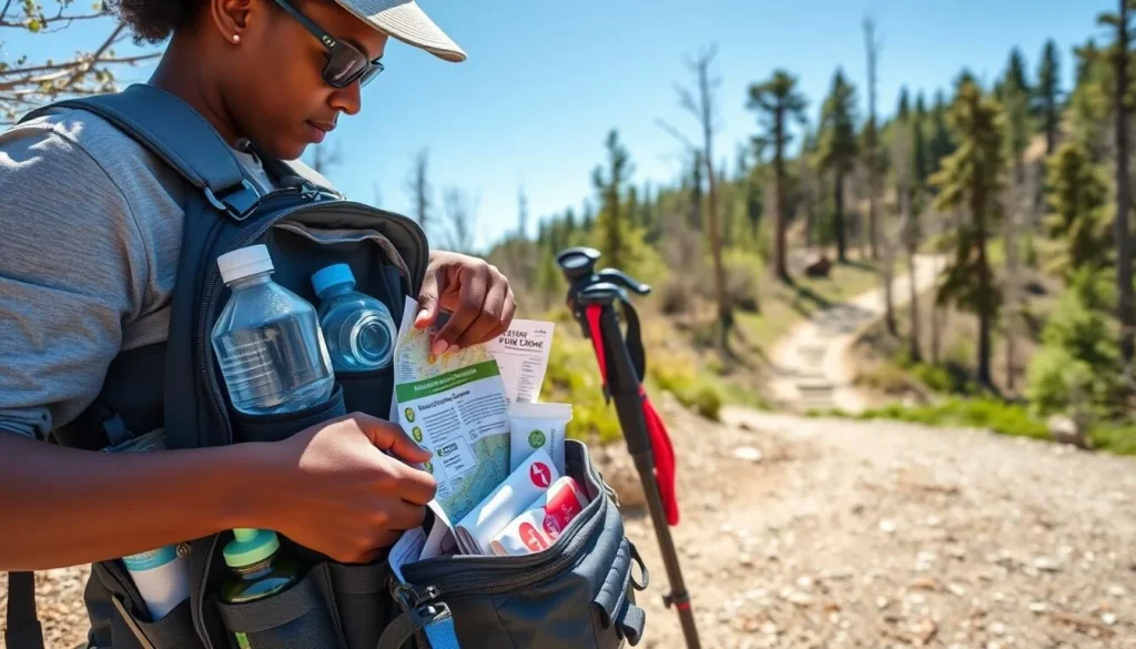 Hiker preparing backpack with essential gear for Peters Mountain trail
