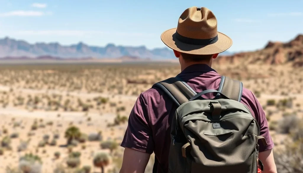 Hiker with backpack viewing Kofa National Wildlife Refuge landscape Hiker with backpack viewing Kofa National Wildlife Refuge landscape